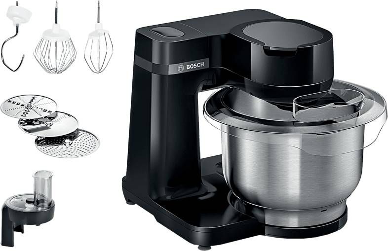 BOSCH Keukenmachine MUMS2EB01 MUM Serie 2 veelzijdig te gebruiken, continu rasp en snijapparaat, 3 raspschijven, patisserieset edelstaal, zwart