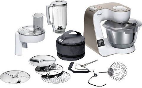 BOSCH Keukenmachine MUM5XW20 MUM5 geïntegreerde weegschaal, professionele patisserieset, continu rasp en snijapparaat, 3 raspschijven, mixer, wit/champagne